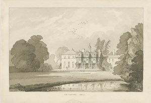 Seighford Hall: sepia vask tegning av Thomas Peploe Wood