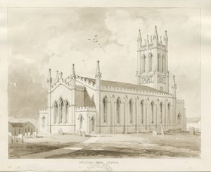 Shelton Church: sepia vask tegning av Thomas Peploe Wood