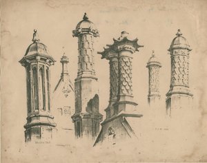 Thickbroom Hall ["Manley Hall"] - Finials og skorsteiner: litografi, 1838 av Thomas Peploe Wood