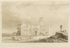 Tittensor - Old Manor House: sepia vasketegning, 1837 av Thomas Peploe Wood