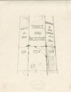 Tixall - Steinsøyle som viser kjørelengde: penn- og blekktegning, nd [midten av 1800-tallet] (tegning) av Thomas Peploe Wood