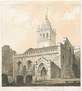 Trentham Church: sepia og gul vask tegning, nd [?1838] av Thomas Peploe Wood
