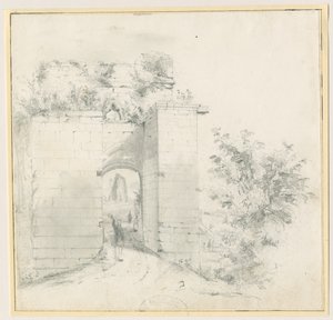 Tutbury Castle - Entrance Gateway: blyanttegning, nd [?1800-tallet] (tegning) av Thomas Peploe Wood