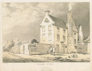Wednesfield - "Old Hall": sepia, penn og fargetone tegning, 1837 av Thomas Peploe Wood