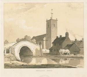 Wednesfield kirke og bro: sepia-tegning, 1837 av Thomas Peploe Wood