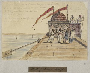 'Dekk av Indus Jumpti. TP 1841'. Fire menn som ror med en gigantisk åre, fra 'Album med 212 tegninger og 11 litografier som viser kostymer, yrker, natur og bygninger i Sind, Cutch og Bombay' av Thomas Postans
