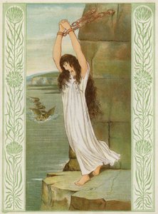 Andromeda lenket til sjøklippen (farge litho)