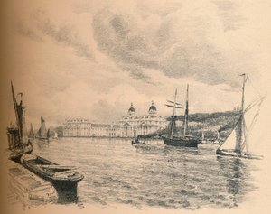 Greenwich Palace fra elven, 1902 av Thomas Robert Way