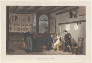 Boot & Shoe Shop, fra Poetical Sketches of Scarborough, 1813., 1813. Skapere: Thomas Rowlandson, Joseph Constantine Stadler, J. Bluck. av Thomas Rowlandson, Joseph Constantine Stadler, J. Bluck