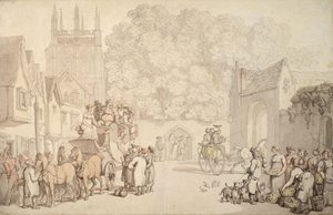 En buss som forbereder seg på å forlate Canterbury Gate, Christ Church, Oxford, ca. 1810-15 av Thomas Rowlandson