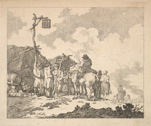 A Fair - En gruppe sigøynere - menn og kvinner i rustikke klær foran to provisoriske te..., 1786. av Thomas Rowlandson
