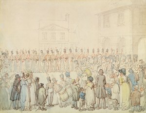 En gjennomgang av Northamptonshire Militia i Brackley, Northants (penn og blekk med akvarell på papir) av Thomas Rowlandson