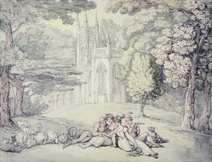 En college-grønn med en gruppe jenter og unge herrer i forgrunnen, ca. 1810-15 (penn og blekk og akvarell over blyant på papir) av Thomas Rowlandson