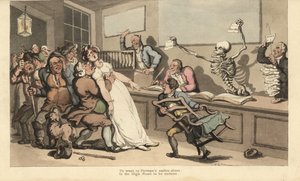 En kvinne dør i sjokk ved synet av et blankt stykke papir svingt av skjelettet til Døden på et lotterikontor. Håndfarget kobberplate tegnet og gravert av Thomas Rowlandson fra The English Dance of Death, Ackermann, London av Thomas Rowlandson