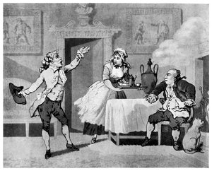 Skuespiller resiterer for en manager, sent på 1700-tallet. av Thomas Rowlandson