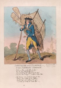 Aerostation ute ved Elbows eller the Itinerant Aeronaut, pub. 1785 (håndfarget gravering) av Thomas Rowlandson