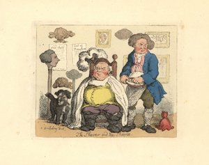 Frisør og kunde i en frisørsalong dekorert med parykker. av Thomas Rowlandson