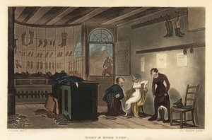Støvle- og skobutikk: Kvinner som prøver sko og støvler hos Leatherhead skomakere. Håndfarget kobberstikk av Thomas Rowlandson, akvatint av J.C. Stadler, etter en skisse av J. Green fra Poetical Sketches of Scarborough, Ackermann, London av Thomas Rowlandson