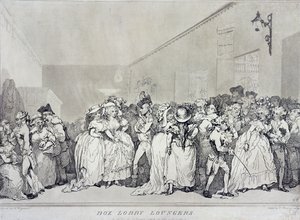 Box Lobby Loungers, etset av Rowlandson etter et design av Henry Wigstead (ca. 1745-93), pub. av John Raphael Smith, 1786 (sepia-etsing) av Thomas Rowlandson