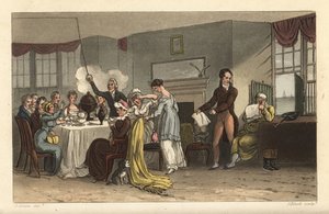 Frokostrommet på Old Bell Inn, Scarborough. Gjester som drikker kaffe, leser aviser, spiser frokost i et Regency-rom. Håndfarget kobberstikk av Thomas Rowlandson, akvatint av J. Bluck, etter en skisse av J. Green fra Poetical Sketche av Thomas Rowlandson