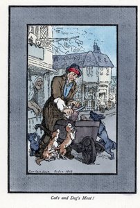 Slakter omreisende kuttet et stykke kjøtt, sa at hunder og katter angriper hjulet på trillebåren hans. Tregravering, basert på et maleri av Thomas Rowlandson (1756-1827), publisert i The Cris of London: med seks sjarmerende barn og nesten 40 illustrasjoner av Thomas Rowlandson