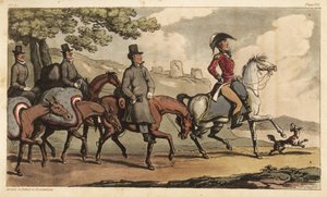 Kaptein Johnny Newcome og hans tjenere med pakkehester på veien til Santarem, Portugal, for å returnere til Peninsula Campaign. Håndfarget kobberstikk tegnet og etset av Thomas Rowlandson fra oberst David Roberts