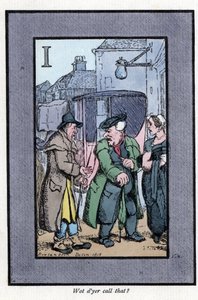 Sjekk Hackney som klager til passasjerer om små tips (1819). Tregravering, basert på et maleri av Thomas Rowlandson (1756-1827), publisert i The Cris of London: med seks sjarmerende barn og nesten 40 illustrasjoner, av Andrew Tuer, Field og Tuer, av Thomas Rowlandson