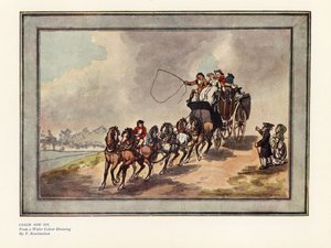 Rutevogn og seks hester med passasjerer og bagasje på taket av Thomas Rowlandson