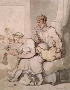 Darning The Sock (penn og blekk, akvarell) av Thomas Rowlandson