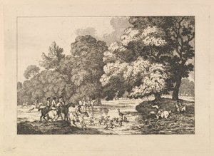 Deer Hunting - En landskapsscene med hjort og hunder i en elv, 1787. av Thomas Rowlandson