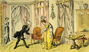 'Dr Syntax mottatt av hushjelpen i stedet for elskerinnen' av Thomas Rowlandson