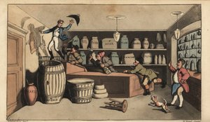 Full Johnny forfulgt av nattevakter i en butikk som var i ferd med å falle ned i en tønne med smør. Håndfarget kobberstikk av W. Lest etter en illustrasjon av Thomas Rowlandson fra Alfred Burtons The Adventures of Johnny Newcombe in the Navy, Si av Thomas Rowlandson