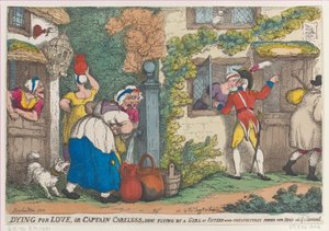 Dying for Love, eller Captain Careless, Shot Flying av en jente på femten som uventet dukker opp..., 1810. av Thomas Rowlandson