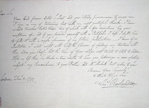 Tidligste kjente brev fra kunstneren til en Mr Downs, en potensiell beskytter, 8. desember 1797 (penn og blekk på papir) av Thomas Rowlandson