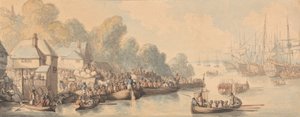 Ombordstigning i Southampton, 20. juni 1794 (akvarell og penn og brunt, grått og rødbrunt blekk over grafitt på middels, lett strukturert, kremvevd papir) av Thomas Rowlandson