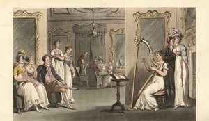 Engelsk herremann og damer som lytter til en harpist på et ball av Thomas Rowlandson