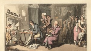 Engelsk herre som skriver et tiggerbrev i en nedslitt salong av Thomas Rowlandson