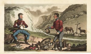 Ensign Johnny Newcome og hans Subaltern spiser frokost med skinke, biff, kjeks og konjakk i en veikant i Portugal. Håndfarget kobberstikk tegnet og etset av Thomas Rowlandson fra oberst David Roberts