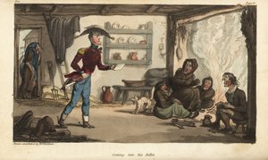 Fenrik Johnny Newcome ankommer billetten til Subalternter i Portugal, en by med skitne tiggere. Håndfarget kobberstikk tegnet og etset av Thomas Rowlandson fra oberst David Roberts