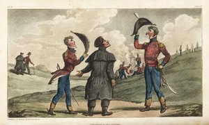 Fenrik Johnny Newcome introduserte for obersten i hans regiment før slaget ved Salamanca. Håndfarget kobberstikk tegnet og etset av Thomas Rowlandson fra oberst David Roberts