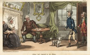 Ensign Johnny Newcome vender hjem til England på sykemelding fra Peninsula Campaign. Håndfarget kobberstikk tegnet og etset av Thomas Rowlandson fra oberst David Roberts' The Military Adventures of Johnny Newcome, Martin, London av Thomas Rowlandson