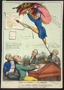 Fra skrivebordet til tronen. Et nytt raskt steg av Joseph Bonaparte. The Bass av Mrs Nappy and Talley, pub. 1808 (håndfarget gravering) av Thomas Rowlandson