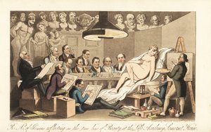 Georgiske kunstnere, inkludert Benjamin West, Thomas Lawrence, Benjamin Haydon, Joseph Farrington, Richard Westall og Martin Archer Shee, tegner en nakenmodell, mens klassiske byster ser ned. Royal Academicians of Genius reflekterer over den sanne skjønnhe av Thomas Rowlandson