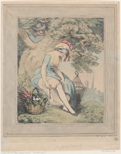 Jente med kurv og fuglebur som justerer strømpebåndet, 1785-95., 1785-95. av Thomas Rowlandson