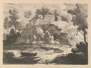 Hilly River Landscape, en båt i vannet til venstre i forgrunnen, en figur på Far Shor..., 1783-84. av Thomas Rowlandson