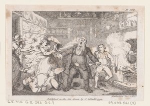 Vertinne tømmer en panne med blod i ansiktet til Parson Andrews, fra The Adventures of..., 1792. av Thomas Rowlandson