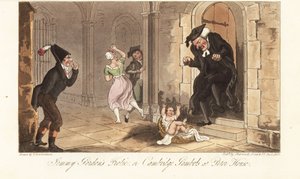 James Gordon, en beryktet Cambridge-rus, etterlater seg en baby som en spøk foran huset til en universitetsdekan. Jemmy Gordons Frolic, eller Cambridge Gambols på Peter House. Håndfarget kobberplate tegnet og gravert av Thomas Rowlandson fra The English Sp av Thomas Rowlandson