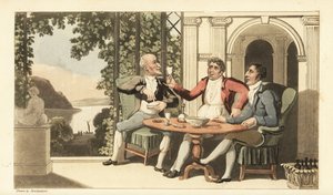 Johnny og venner drikker og synger på en terrasse med utsikt over Themsen. Håndfarget kobberstikk av Thomas Rowlandson fra William Combes The History of Johnny Quae Genus, the Little Foundling of the late Doctor Syntax. av Thomas Rowlandson