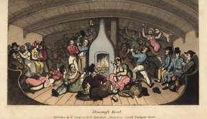 Johnny karuserer med sjømenn, slopmenn, crimps, mudlarkers, bawds og halliker i en hytte på Sheerness Boat. Håndfarget kobberstikk av W. Lest etter en illustrasjon av Thomas Rowlandson fra Alfred Burtons The Adventures of Johnny Newcombe i av Thomas Rowlandson