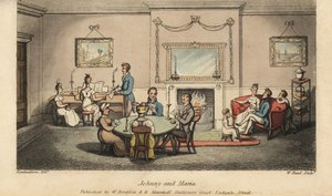 Johnny frier til Maria i en salong mens andre spiller kort og synger sanger foran peisen. Håndfarget kobberstikk av W. Lest etter en illustrasjon av Thomas Rowlandson fra Alfred Burtons The Adventures of Johnny Newcombe in the Navy, Si av Thomas Rowlandson